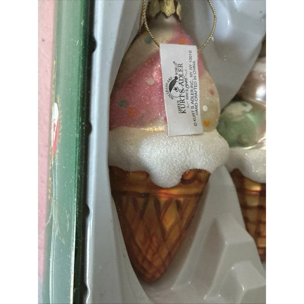 Kurt Adler Holiday Christmas Ornament Set Handcrafted Art Glass Ice Cream Cone